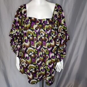 Terra & Sky 4X 28W-30W sheer cover up ruffle flutter sleeves peacock abstract